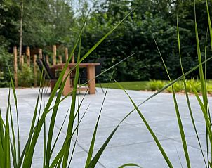 Grner Garten mit Rasen und Terrasse im Ferienhaus in Oosterwolde, Friesland.