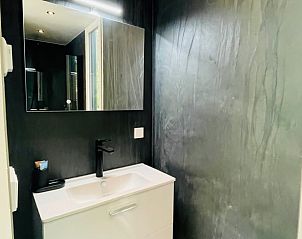 Moderne badkamer met wastafel in Vakantiehuisje in Oosterwolde, Friesland.