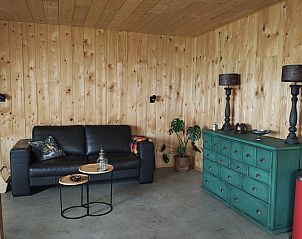 Gezellige woonkamer in Vakantiehuis in Haulerwijk, met houten interieur in Friesland.