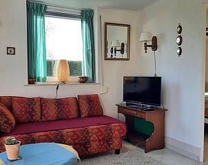 Knusse woonkamer in Vakantiehuis in Boijl met bank en televisie, perfect voor rust.