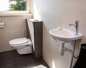 Moderne badkamer in Vakantiehuis in Hoornsterzwaag, Friesland, met toilet en wastafel.