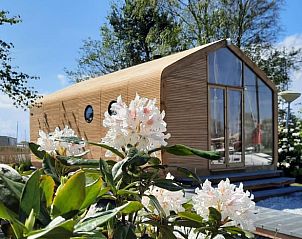 Huisje in Stavoren, vakantiehuis met moderne houten architectuur in Friesland, omgeven door bloeiende natuur.