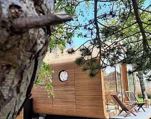 Rustieke veranda van Huisje in Stavoren, vakantiehuis in Friesland, met uitzicht op de groene omgeving.