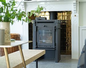 Houtkachel in de woonkamer van Huisje in Wlterswld, Friesland.