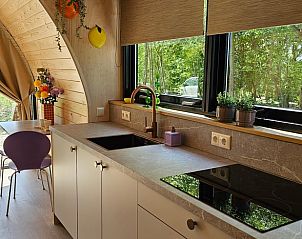 Moderne keuken in Huisje in Westergeest, Westergeest, met uitzicht op de groene omgeving.