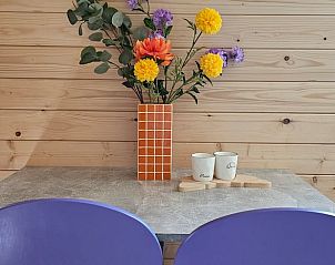 Stijlvolle eetruimte in Huisje in Westergeest, Westergeest, met kleurrijke bloemen.