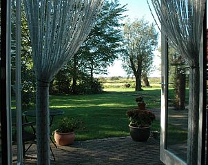 Zicht op de tuin vanuit de woonkamer van Huisje in Scherpenzeel, ideaal voor ontspanning.