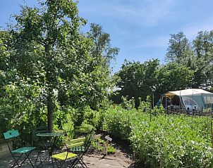 Tuin met zitgelegenheid bij Vakantiehuisje in Scherpenzeel, Friesland.