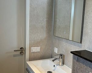 Moderne badkamer in Vakantiehuisje in Blesdijke met stijlvolle wastafel en spiegel.