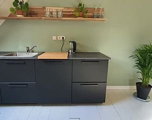 Vakantiehuisje in Easterein met stijlvolle keuken en groene muur in Friesland.