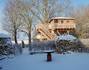 Vakantiehuisje in Easterein met boomhut bedekt in sneeuw op het Friese platteland in Friesland.