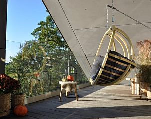 Rustieke veranda met hangstoel in Vakantiehuisje in Westhem, omgeven door natuur, Friesland.