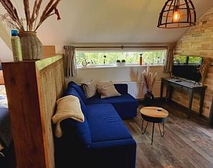 Knusse zithoek in Vakantiehuis in Bantega, Friesland, met comfortabele bank en decoratieve accenten.