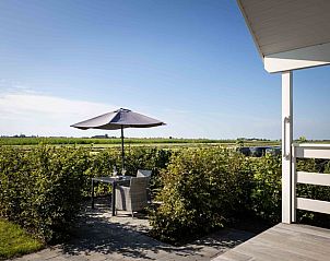 Tuin van Huisje in Greonterp met parasol en uitzicht op het Friese platteland.