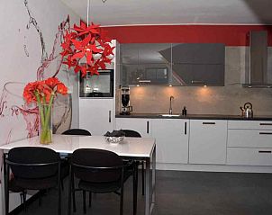 Moderne keuken in FR075 vakantiehuis in Eastermar, Friesland met rode decoratieve elementen.