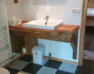 Stijlvolle badkamer in Vakantiehuisje in Drogeham, Friesland, met houten wastafel en moderne voorzieningen.