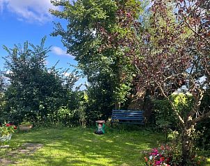 Groene tuin met zitgelegenheid bij Vakantiehuisje in Tzummarum, ideaal voor ontspanning in Friesland.
