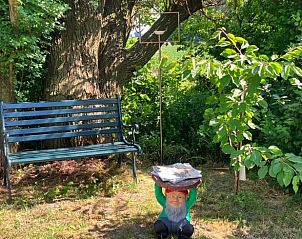 Schaduwrijke tuin met bankje bij Vakantiehuisje in Tzummarum, ideaal voor rust in Friesland.