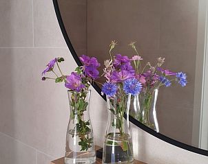 Verse bloemen in de badkamer van Vakantiehuis in Wjelsryp, gelegen in Friesland.