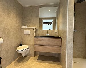 Moderne badkamer in Vakantiehuis in Sexbierum met douche en wastafel, Friese platteland.
