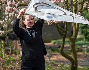 Bezoeker geniet van de serene tuin bij Vakantiehuisje in Gytsjerk op het Friese platteland.