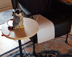 Moderne fauteuil en bijzettafel in Vakantiehuis in Sint Annaparochie, Friesland, voor een ontspannen verblijf.