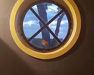 Rond raam met uitzicht op de natuur in Vakantiehuis in Sint Annaparochie, Friesland, voor een serene ambiance.