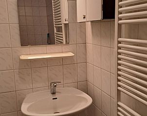 Moderne badkamer met wastafel in Huisje in Wommels, vakantiehuis in Friesland.