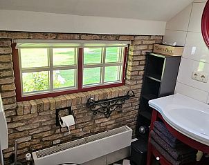 Stijlvolle badkamer in Huisje in Jistrum met bakstenen muur en uitzicht op de tuin.