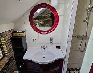 Compacte badkamer in vakantiehuis Jistrum met moderne douche en wastafel.