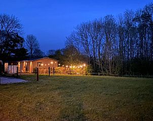 Grote tuin met avondverlichting bij Huisje in Pingjum, vakantiehuis in Friesland.