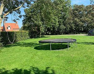 Grote tuin met trampoline bij Vakantiehuisje in Pingjum, Het Friese platteland, Friesland.