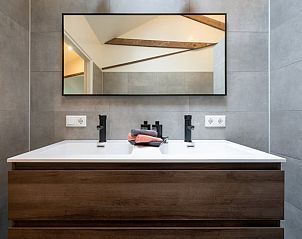 Moderne badkamer met dubbele wastafel in Vakantiehuisje in Pingjum, Het Friese platteland, Friesland.