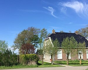 Vakantiehuisje in Pingjum omgeven door groen en blauwe lucht op het Friese platteland.