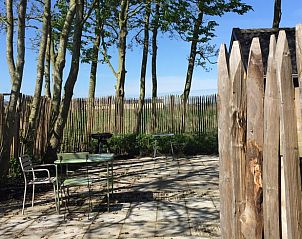 Terras van Vakantiehuisje in Pingjum met uitzicht op het Friese platteland en bomen.
