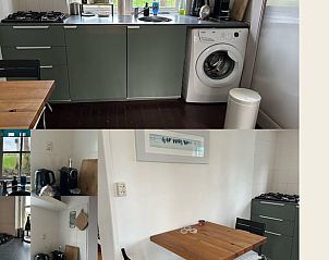 Moderne Kche im Ferienhaus in Nijeholtpade, Friesland, mit Waschmaschine und Essecke, ideal fr einen entspannten Aufenthalt in der friesischen Landschaft.