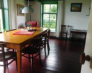 Gezellige eetkamer in Vakantiehuis in Jannum met houten tafel en groene accenten, Friesland.