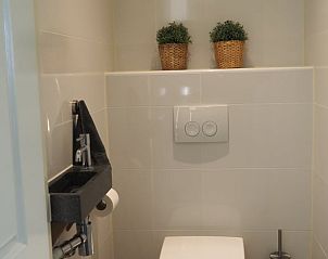 Moderne badkamer in Vakantiehuisje in Jelsum, Friesland met strakke afwerking en planten.