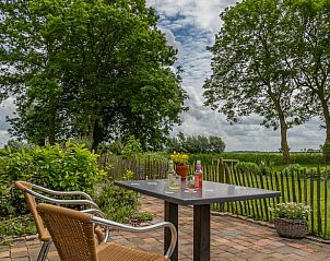 Ontspan op het terras van Huisje in Stiens met uitzicht op de natuur in het Friese platteland, Friesland.
