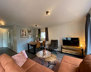 Stijlvolle woonkamer in Chalet in Arnhem, Gelderland, met comfortabele meubels en decor in het Rivierengebied.