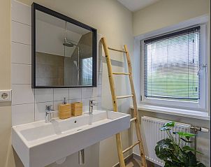 Stijlvolle badkamer met houten ladder en planten in de vakantiewoning in Kerkdriel, Rivierengebied, Gelderland.