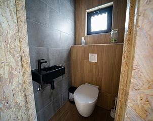 Moderne badkamer in Vakantiehuis Just Nature 4, Kerkdriel, met stijlvolle wastafels.