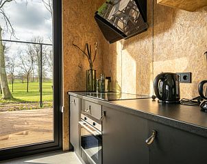 Moderne keuken in Vakantiehuis Just Nature 4, Kerkdriel, met uitzicht op het terras.