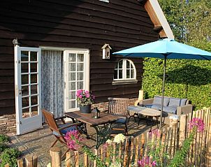 Zonnig terras van Vakantiehuisje in Tricht met parasol en tuinmeubilair in Rivierengebied, Gelderland.
