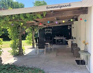 Overdekte veranda met eettafel bij Vakantiehuisje in Hurwenen, Rivierengebied, Gelderland.