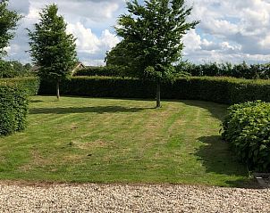 Vakantiehuisje in Buren, groene tuin met bomen en grasveld in Rivierengebied, Gelderland.