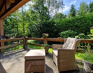 Terras van vakantiehuis in Wolfheze biedt uitzicht op groene omgeving in het Rivierengebied, Gelderland.