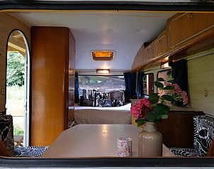 Uitzicht vanuit de caravan van Vakantiehuisje in Dreumel, Gelderland, met een gezellige eethoek en natuur in het Rivierengebied.