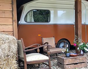Geniet van het rustieke terras bij Huisje in Dreumel, vakantiehuis in het Rivierengebied, Gelderland, met vintage stoelen en een caravan.