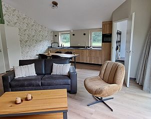 Moderne woonkamer van Betuwsend vakantiehuis in Acquoy, Gelderland, met comfortabele inrichting en open keuken.